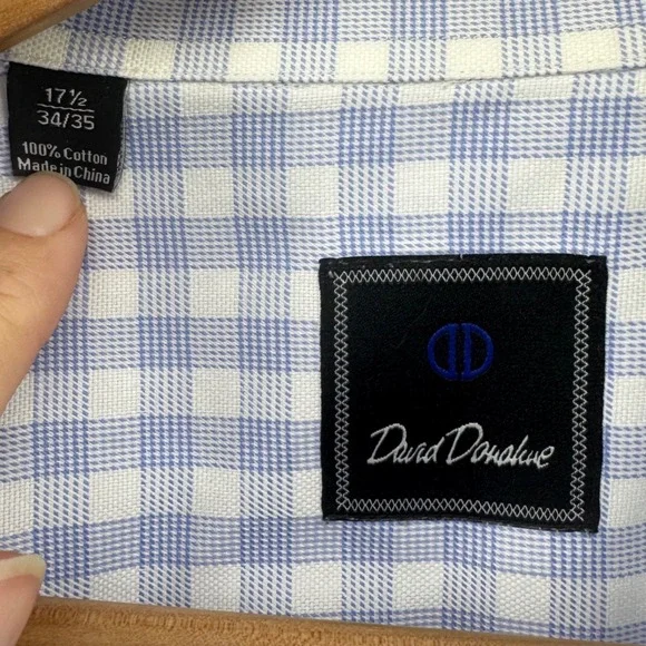 David Donahue Mens 17.5 34/35 Blue White Gingham Cotton Dress Shirt Plaid L/S - Picture 4 of 8